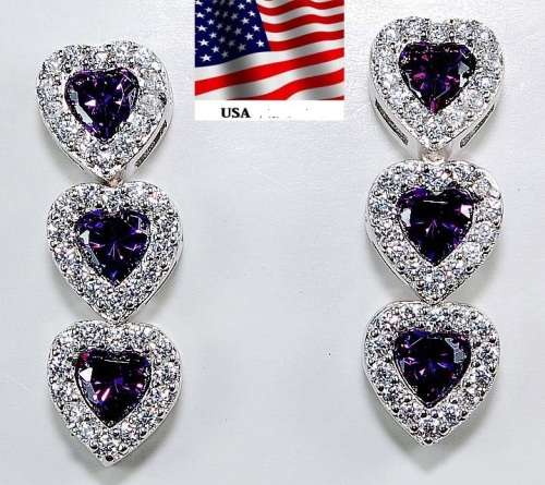 Amethyst & Topaz 925 Solid Genuine Sterling Silver Heart Earrings