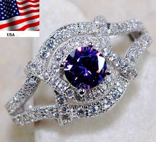 2CT Amethyst & White Topaz SOLID 925 Sterling Silver Ring Sz 7