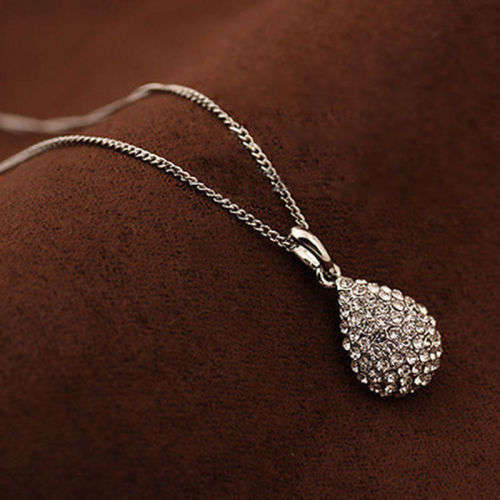 Silver Plated Crystal adarop Pendant Long Chain  Necklace