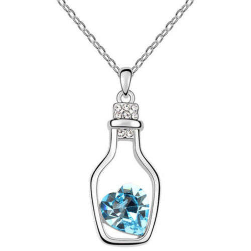 Sky Blue  Crystal Rhinestone Love Heart Drift Bottle Pendant Necklace