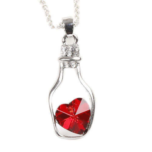 Red  Crystal Rhinestone Love Heart Drift Bottle Pendant Necklace