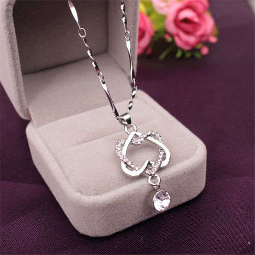 Silver Filled Clavicle Double Heart Pendant Necklace Chain