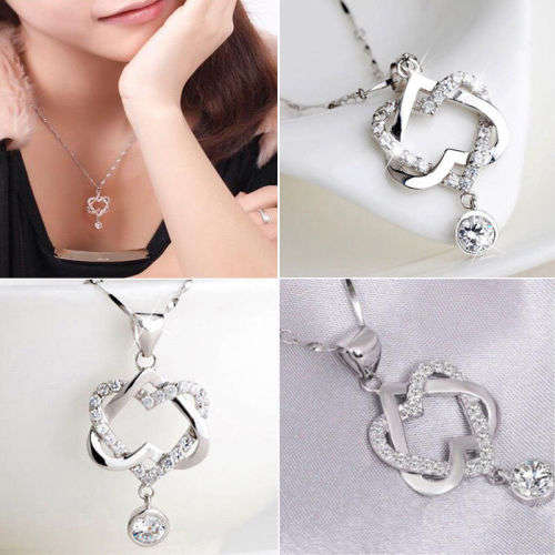 Silver Filled Clavicle Double Heart Pendant Necklace Chain