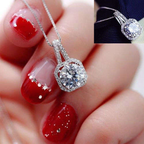 Silver Coated Crystal Charm Pendant Chain  Necklace