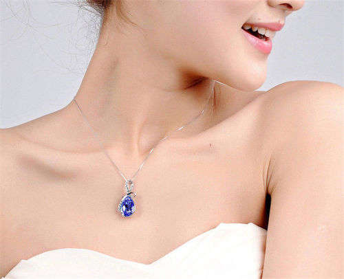 Lovely Silver Filled Blue  Rhinestone Drop Pendant Necklace