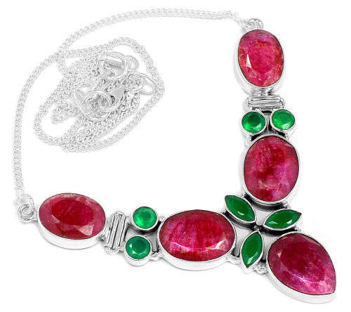Natural Ruby & Emerald 925 Sterling Silver Necklace