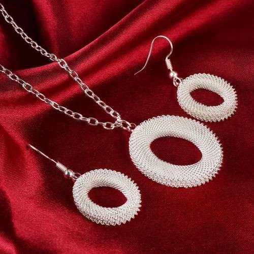 925 Sterling Silver Filled Oval Pendant Necklace & Earrings Set