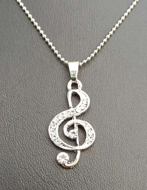 Silver filled Clear White  Rhinestone Music Note Pendant Necklace