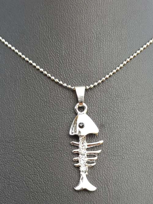 Silver filled Clear White  Fish  Skeleton Pendant Necklace