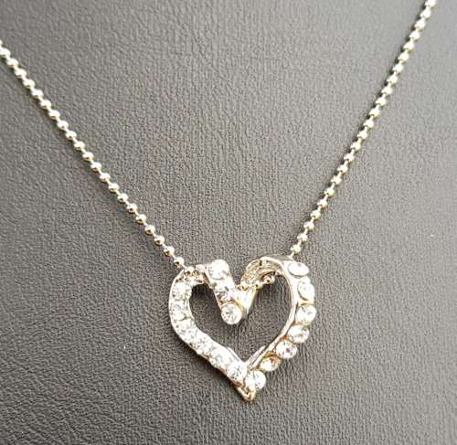 Silver filled Clear White  Rhinestone Heart Pendant Necklace