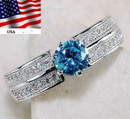 1CT Aquamarine & White Topaz 925 Solid Genuine Sterling Silver Ring  Sz 8