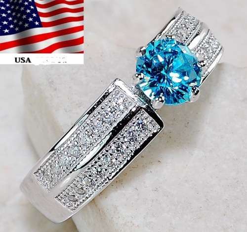 1CT Aquamarine & White Topaz 925 Solid Genuine Sterling Silver Ring  Sz 8