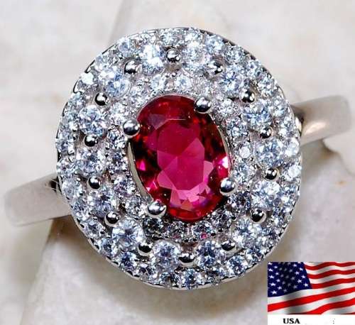 3CT Ruby & White Topaz 925 Solid Sterling Silver Ring  Sz 9