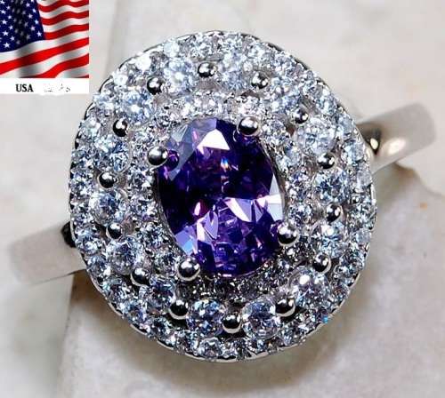 2CT Amethyst & White Topaz 925 Solid Sterling Silver Ring Sz 6