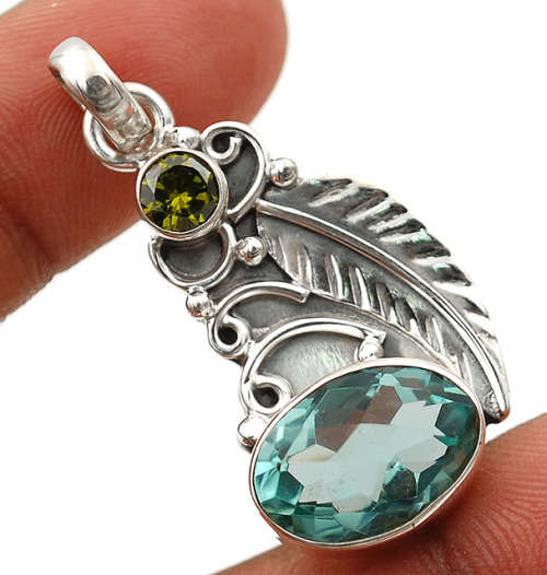 6CT Aquamarine, Peridot 925 Sterling Silver Pendant Necklace Including 54cm Chain