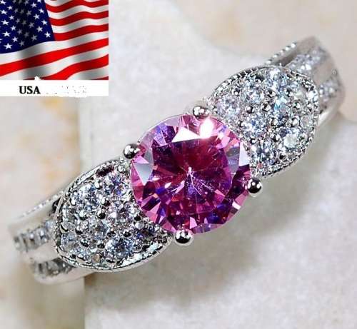 2CT Pink Sapphire & White Topaz 925 Solid Sterling Silver Ring  Sz 8