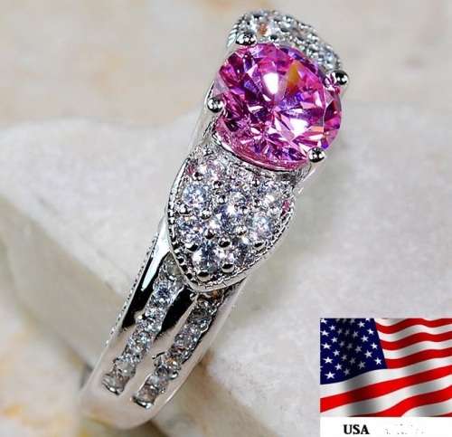 2CT Pink Sapphire & White Topaz 925 Solid Sterling Silver Ring  Sz 8