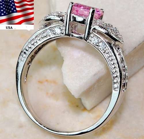 2CT Pink Sapphire & White Topaz 925 Solid Sterling Silver Ring  Sz 8