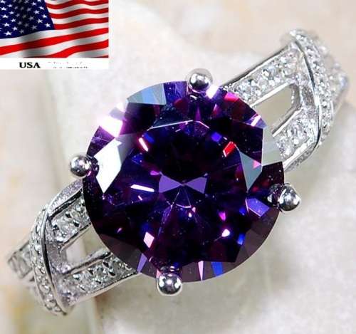 3CT Amethyst & White Topaz 925 Solid Sterling Silver Ring Sz 6