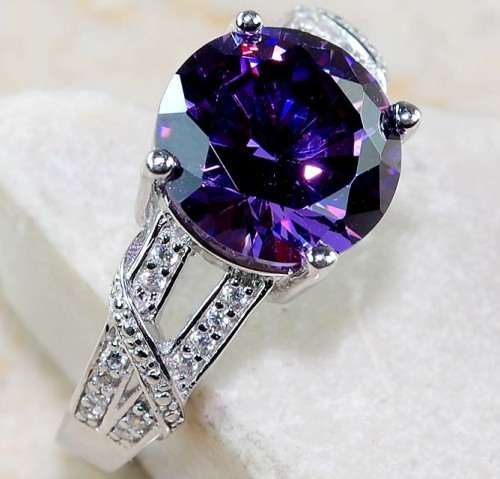 3CT Amethyst & White Topaz 925 Solid Sterling Silver Ring Sz 6