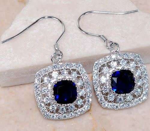4CT Blue Sapphire & White Topaz 925 Solid Sterling Silver Earrings
