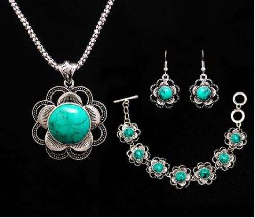 Turquoise Antique Silver Plated SunFlower Pendant Necklace Bracelet & Earring Set