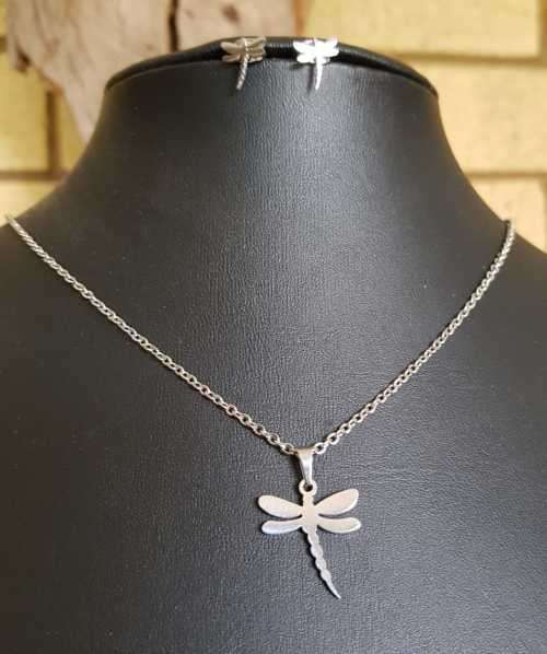 Solid Stainless Steel Dragonfly Necklace & Earrings Set