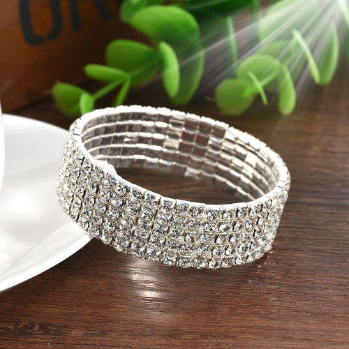 Elegant Glitzy Austrian Crystal 6 rows  Rhinestone Stretch Bracelet