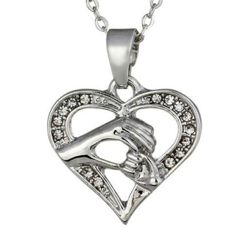Silver Filled Mom Hold Child's Hand Love Heart Pendant Chain Necklace