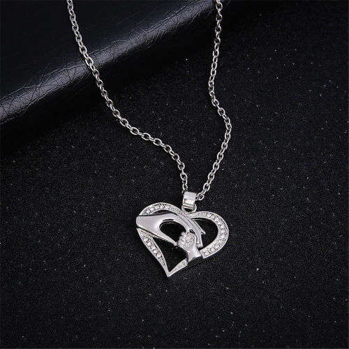 Silver Filled Mom Hold Child's Hand Love Heart Pendant Chain Necklace