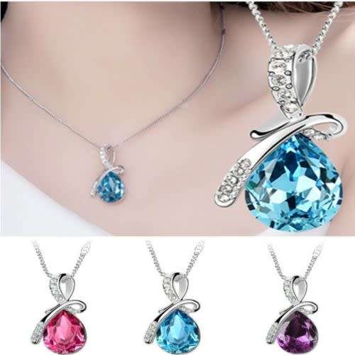 Elegant Blue Crystal Rhinestone Pendant Chain Necklace