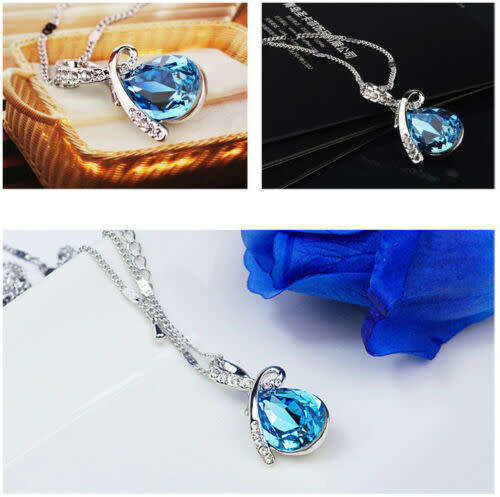 Elegant Blue Crystal Rhinestone Pendant Chain Necklace