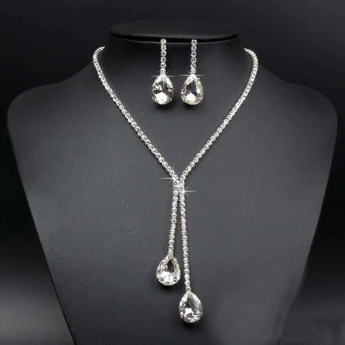 Bridal Wedding Silver Crystal Rhinestone Tear Drop Pendant Necklace Earrings Set