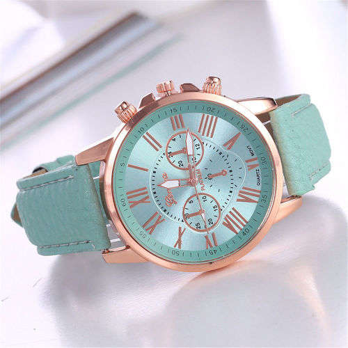 Fashion TURQUOISE Geneva Women Leather Band Stainless Steel Quartz Analog Wrist Watch