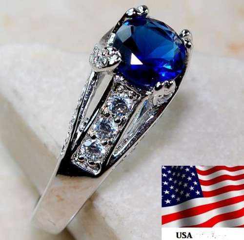 2CT Blue Sapphire & Topaz 925 Solid Sterling Silver Ring  Sz 7