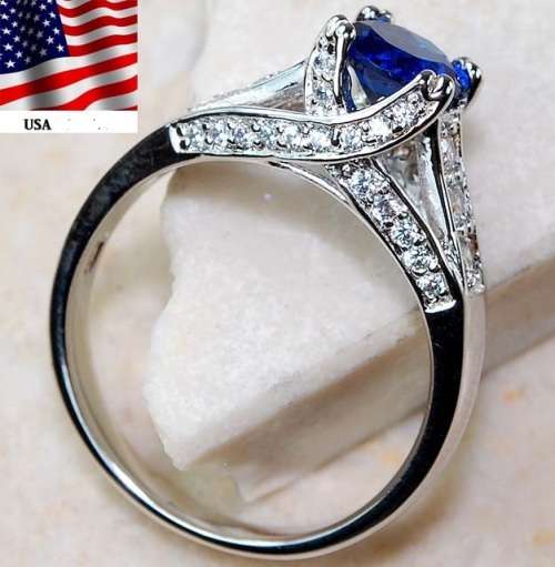 2CT Blue Sapphire & Topaz 925 Solid Sterling Silver Ring  Sz 7