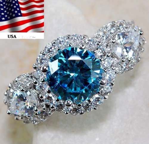 3CT Aquamarine & White Topaz 925 Solid Sterling Silver Ring  Sz 8