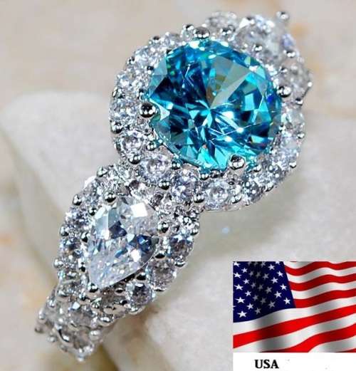 3CT Aquamarine & White Topaz 925 Solid Sterling Silver Ring  Sz 8