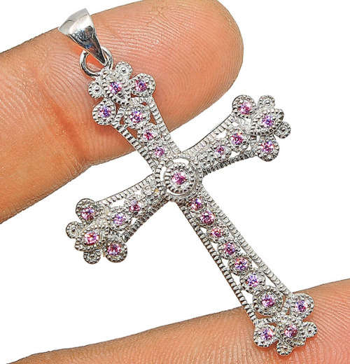 Arrow Head Cross Pink Sapphire 925 Solid Sterling Silver Pendant