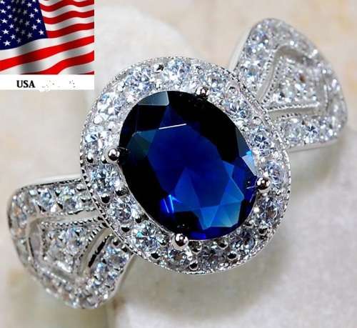 3CT Blue Sapphire & Topaz 925 Solid Sterling Silver Ring  Sz 8