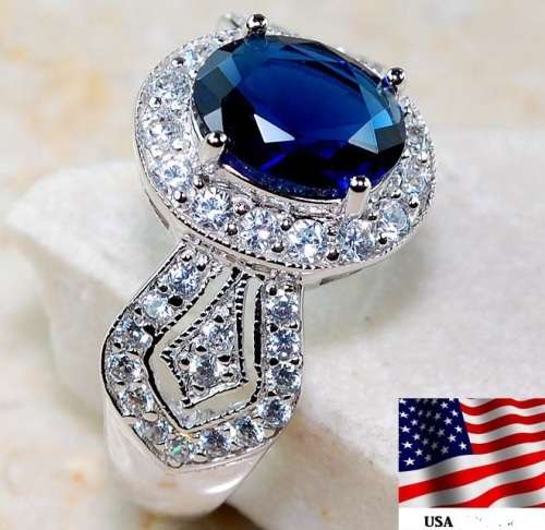 3CT Blue Sapphire & Topaz 925 Solid Sterling Silver Ring  Sz 8