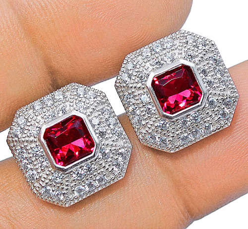 Flawless 3CT Ruby & White Topaz 925 Solid Sterling Silver Earrings