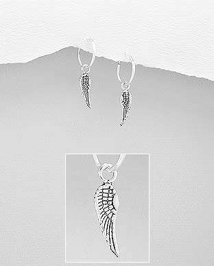 SOLID 925 Sterling Silver Wings Hoop Earrings