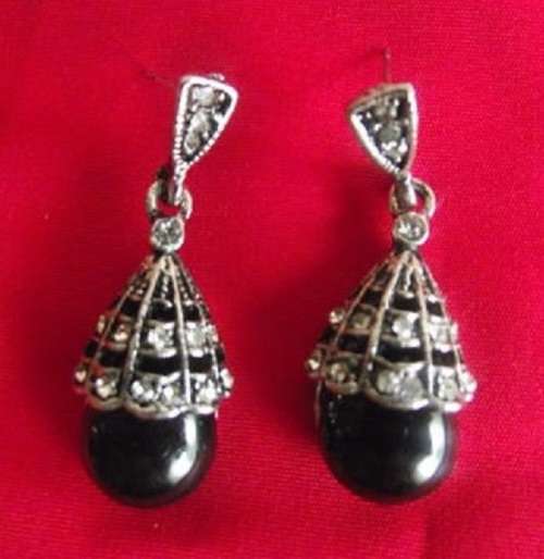 STUNNING FAUX  ONYX  WITH  CZ  DANGLE EARRINGS