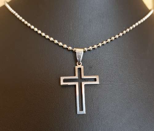 Lovely Stainless Steel Open Cross Pendant Ball Bead Chain Necklace