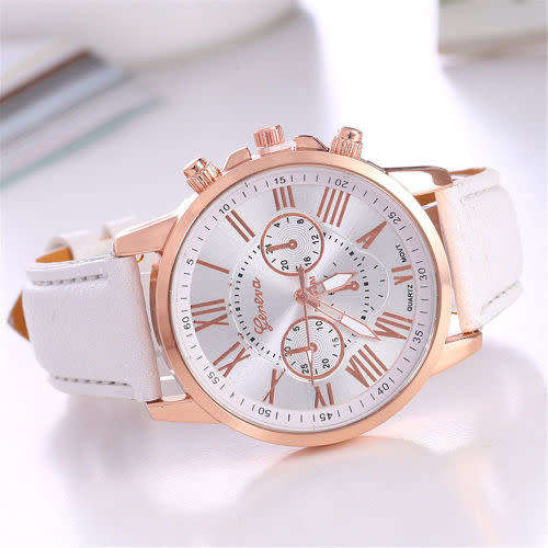 Fashion WHITE Geneva Women Leather Band Stainless Steel Quartz Analog Wrist Watch