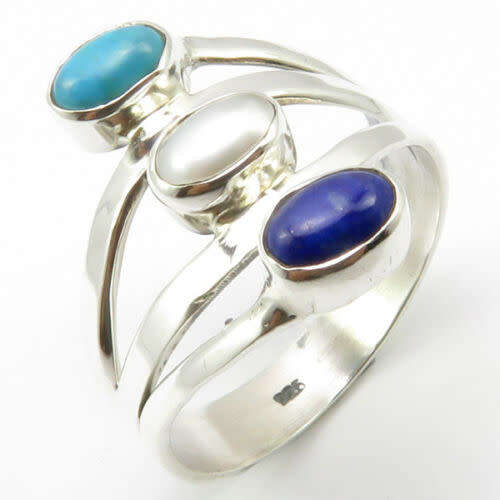 Designer 3 Stone 925 Silver   PEARL, LAPIS LAZULI, TURQUOISE Ring Size 6.5