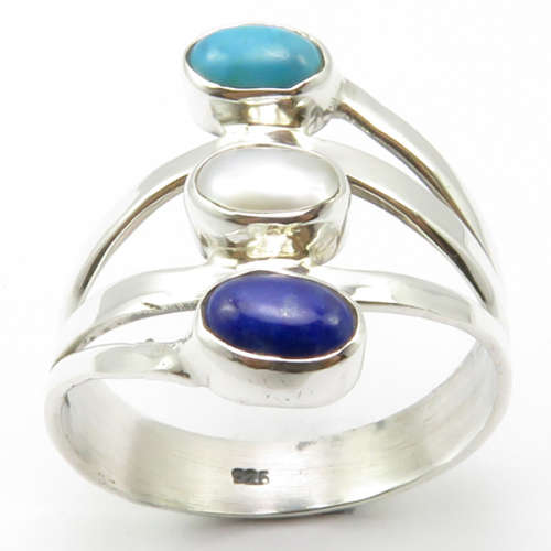 Designer 3 Stone 925 Silver   PEARL, LAPIS LAZULI, TURQUOISE Ring Size 6.5