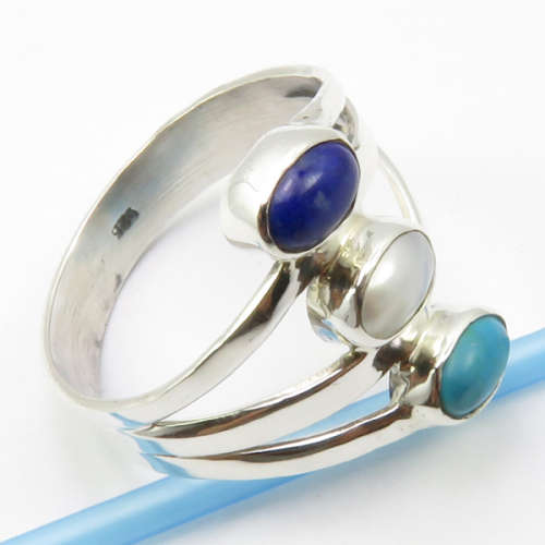 Designer 3 Stone 925 Silver   PEARL, LAPIS LAZULI, TURQUOISE Ring Size 6.5