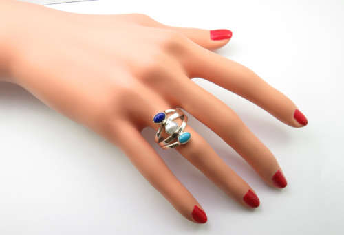 Designer 3 Stone 925 Silver   PEARL, LAPIS LAZULI, TURQUOISE Ring Size 6.5
